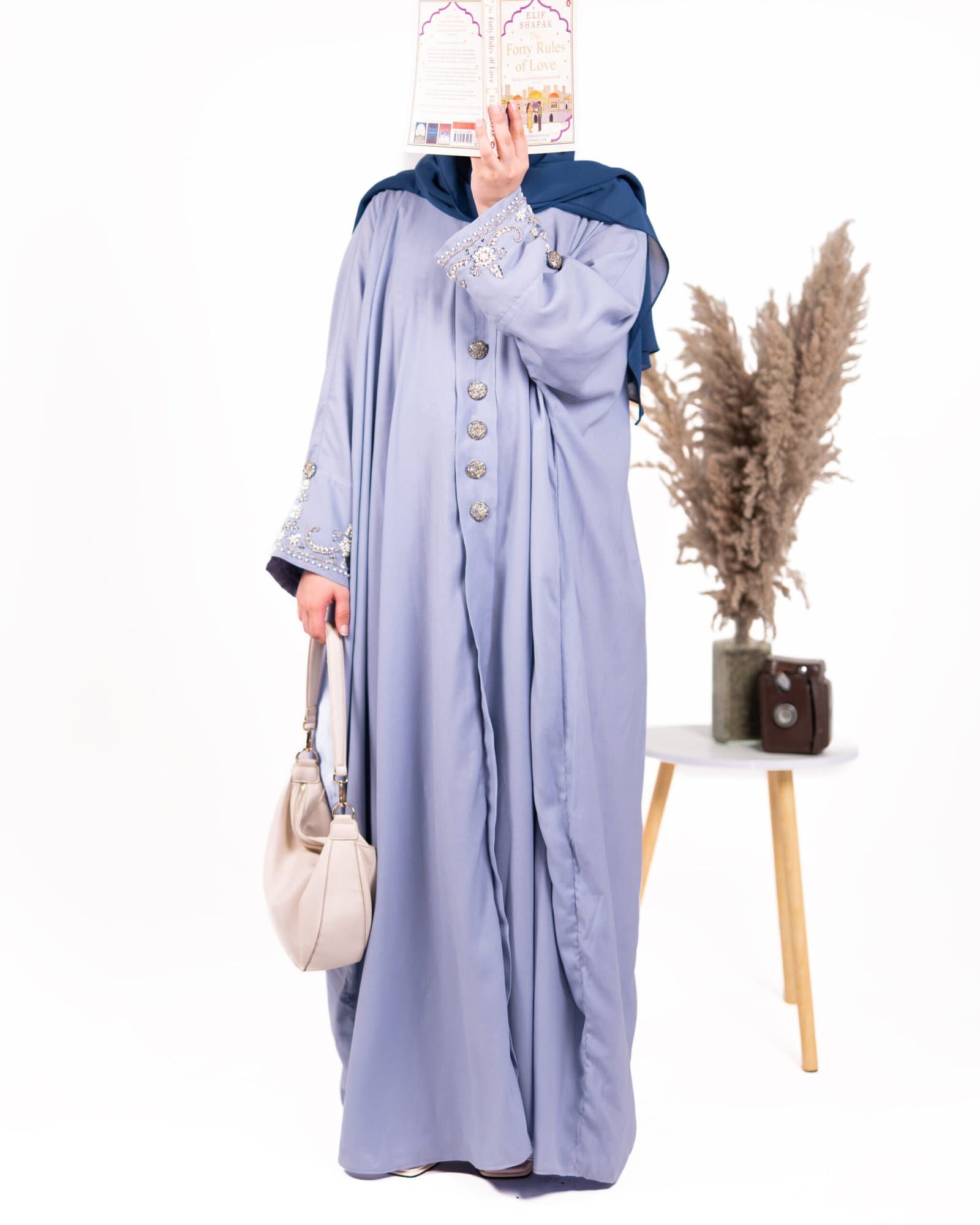 LULU butterfly-style abaya with pearl-beaded sleeves